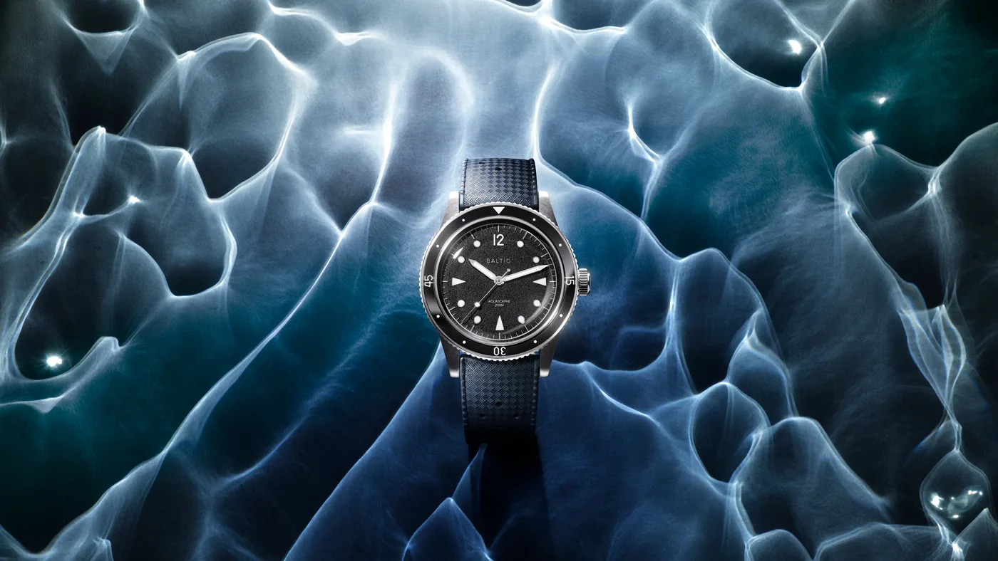 Baltic Aquascaphe Classic dive watch, black dial, black bezel, navy blue rubber strap