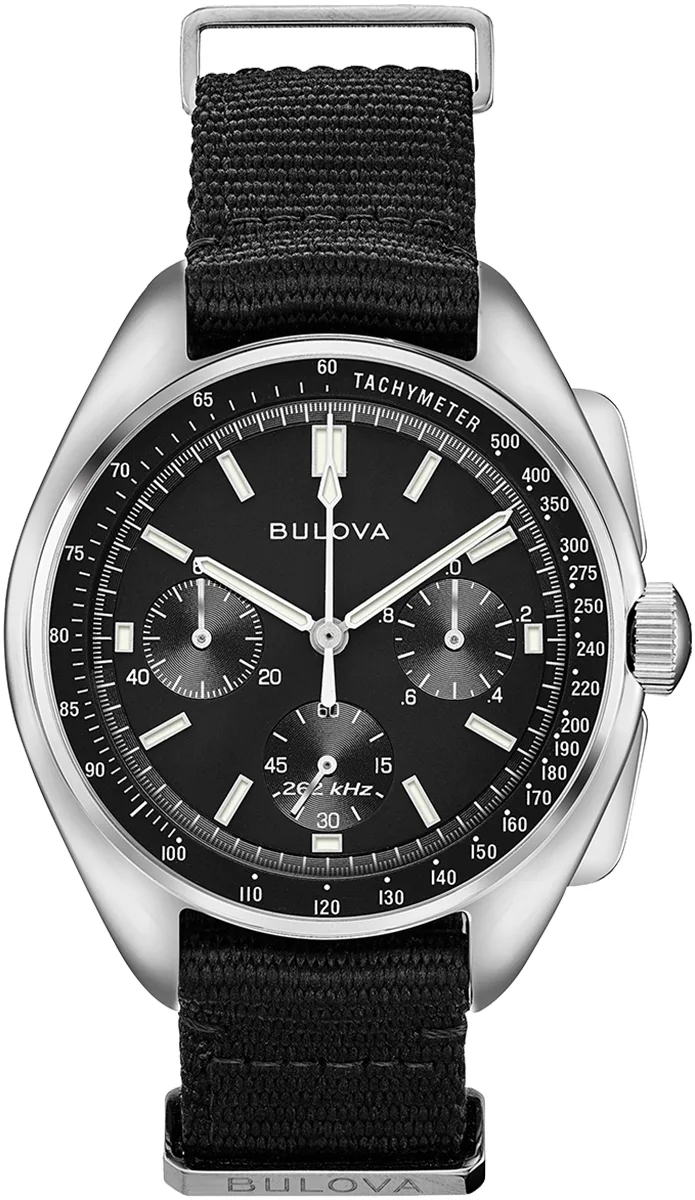 Bulova Lunar Pilot chronograph watch with black dial, tachymeter bezel, and black NATO strap
