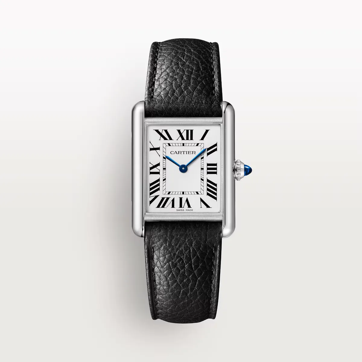 Cartier Tank Must steel watch, white dial, Roman numerals, black leather strap