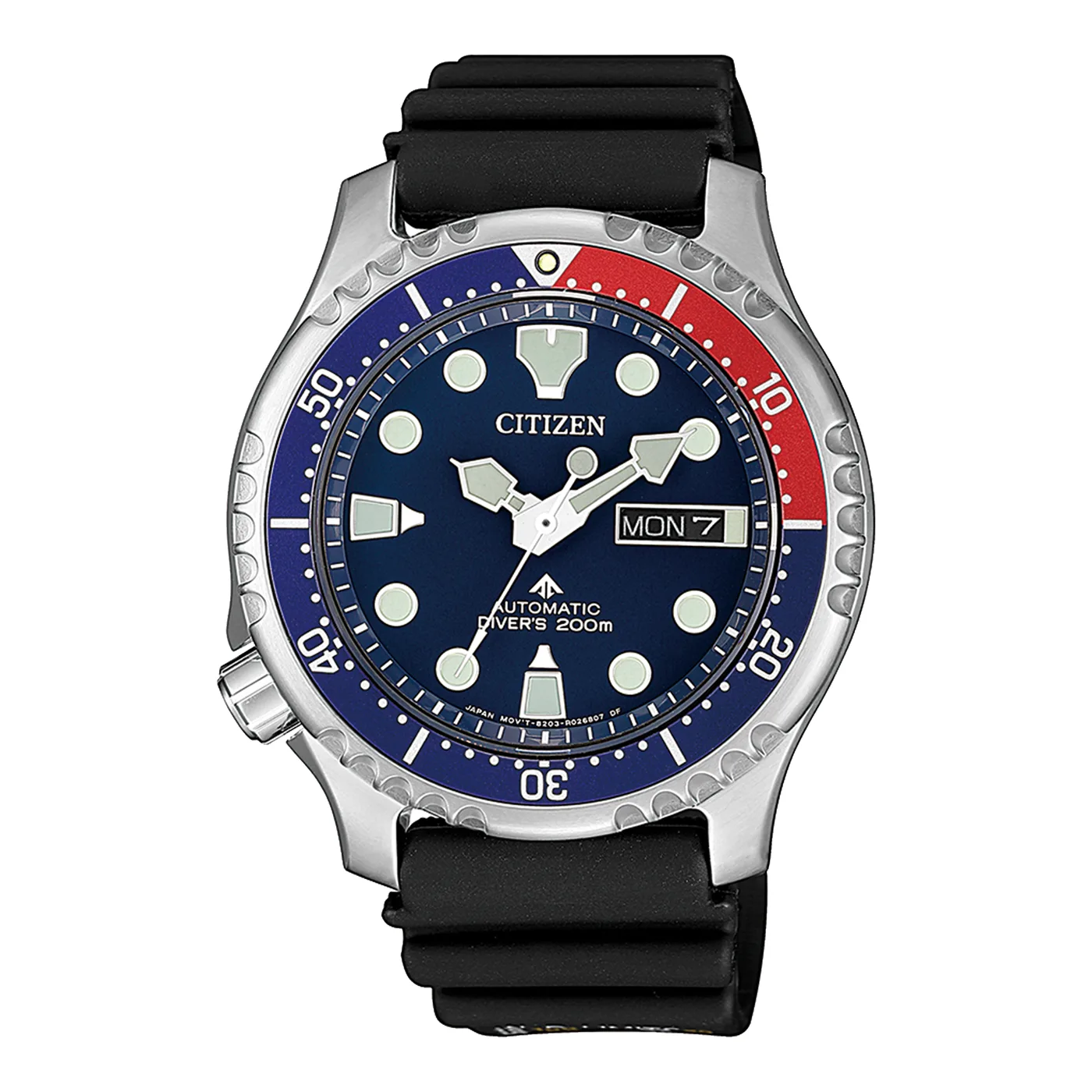 Citizen Promaster NY0086 dive watch with blue dial, red-blue Pepsi bezel, and black rubber strap