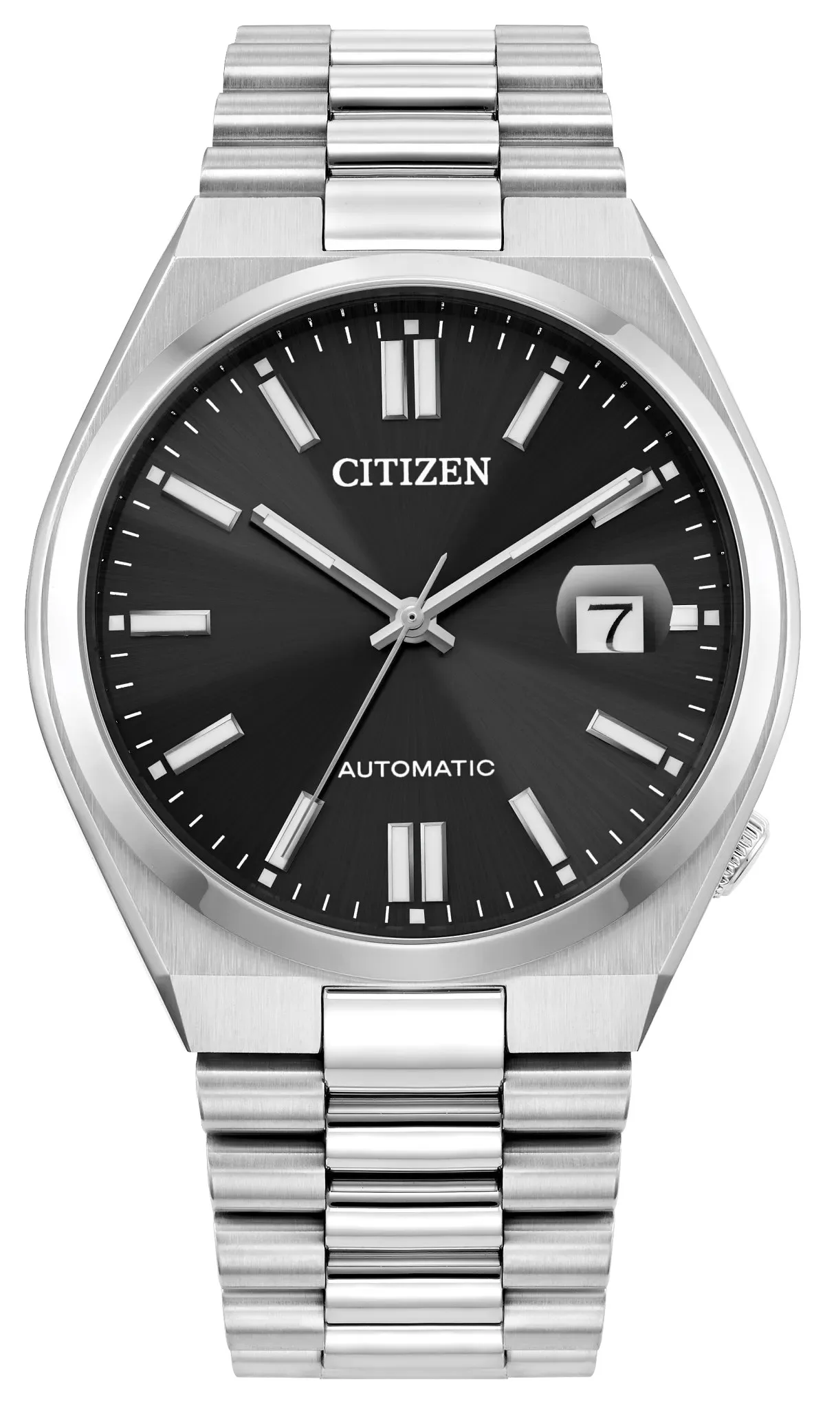Citizen Tsuyosa automatic watch with black dial, steel cushion case, and integrated steel bracelet