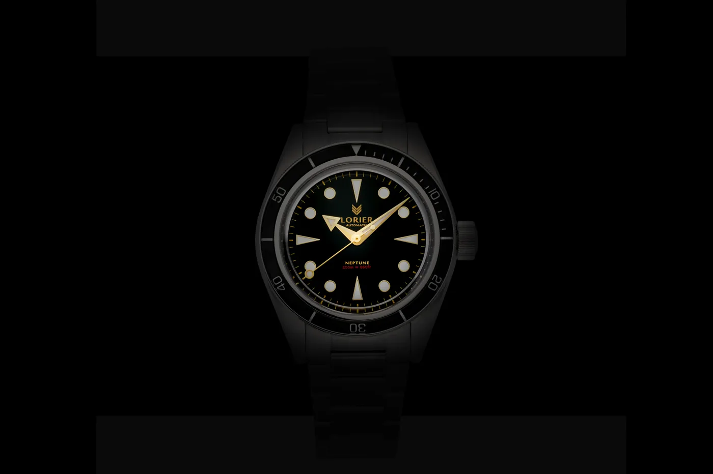 Lorier Neptune Series IV black-dial diver watch on steel bracelet, studio photo