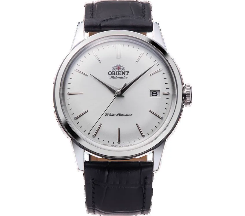 Orient Bambino 38 automatic watch with white dial and black leather strap, studio product photo