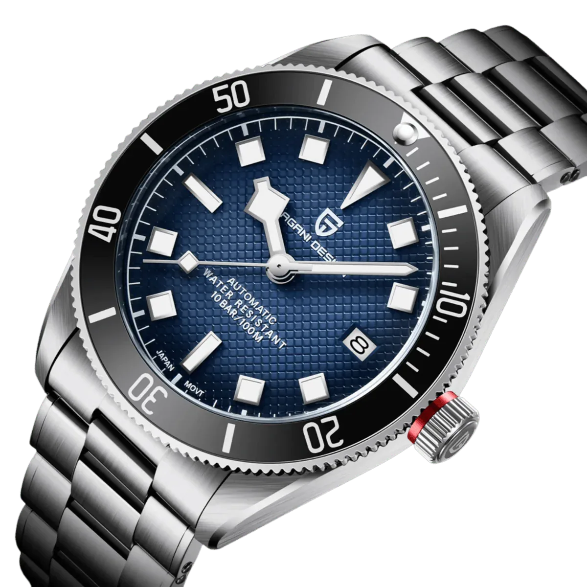 Pagani Design PD-1671 diver watch, blue dial, black bezel, steel bracelet