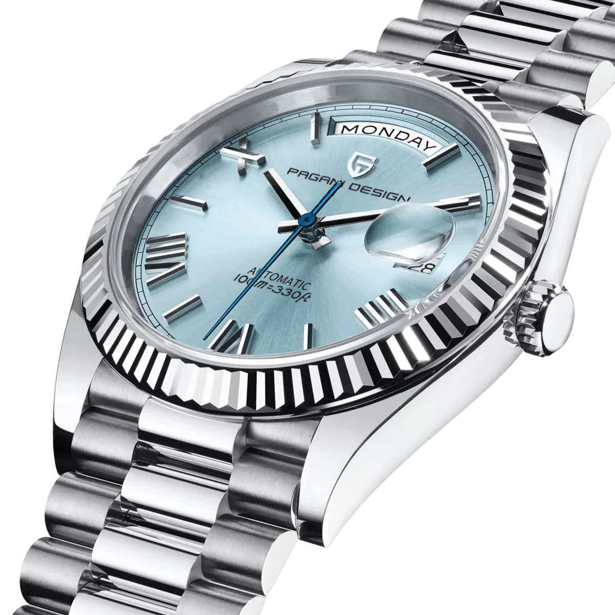 Pagani Design watch with ice-blue dial, fluted bezel, day-date window, steel president bracelet