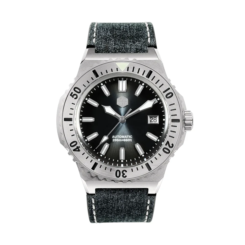 San Martin diver watch, black dial, steel bezel, grey textured leather strap, product photo