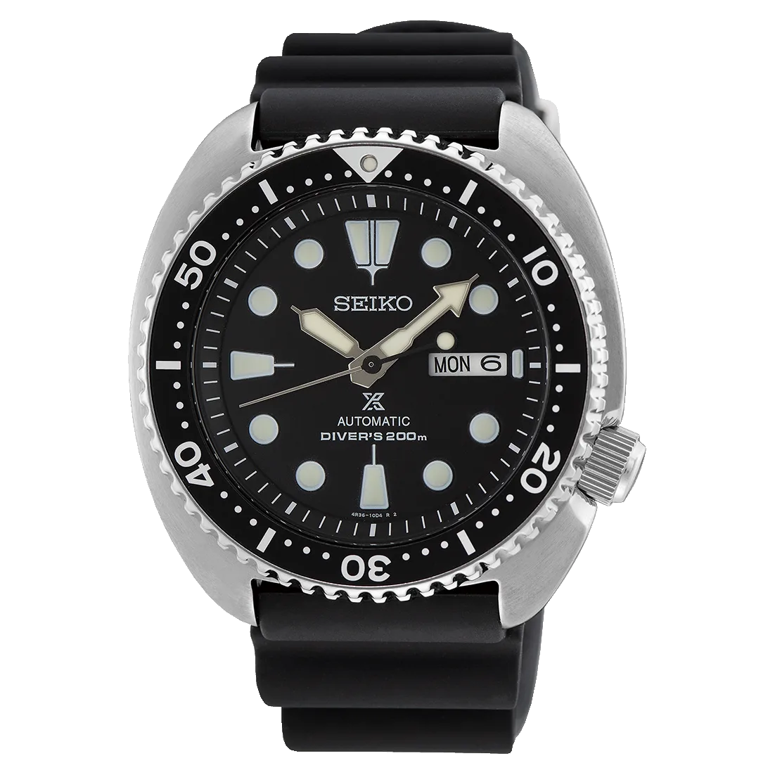 Seiko Prospex Turtle automatic diver with black dial, black bezel, steel case and black silicone strap