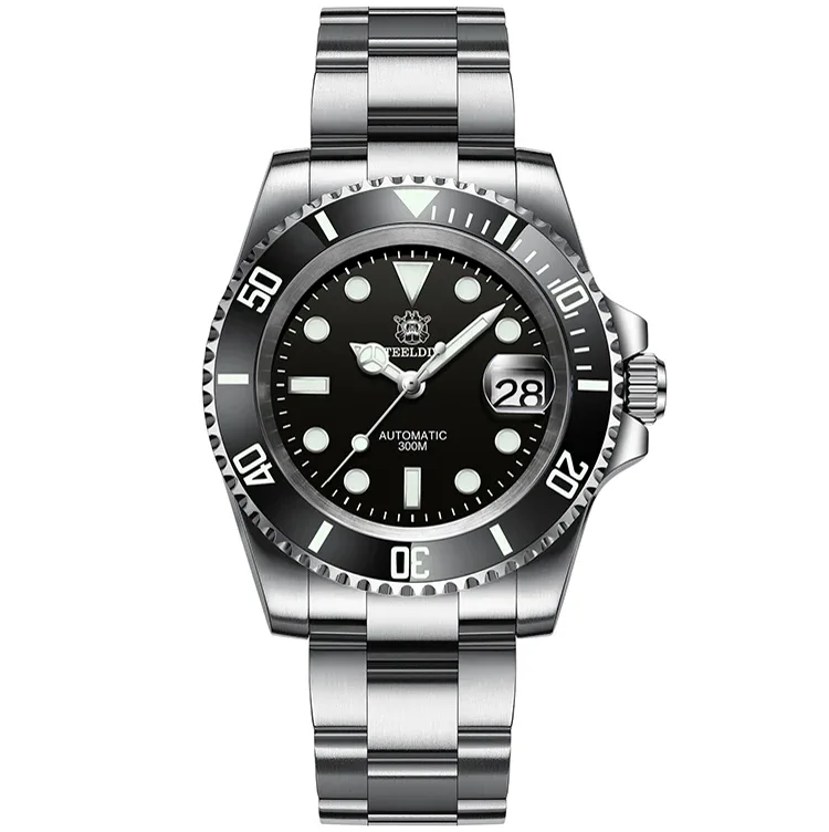 Steeldive SD1953 diver watch, black dial, black bezel, steel bracelet