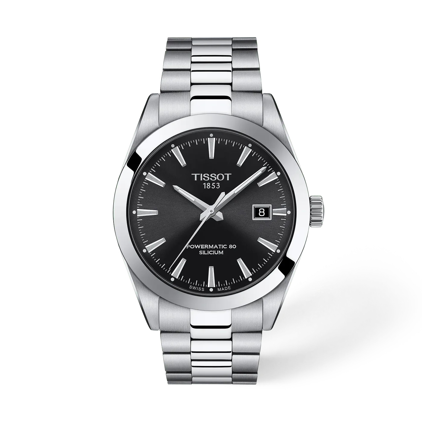 Tissot Gentleman Powermatic 80 steel watch with black dial and steel bracelet