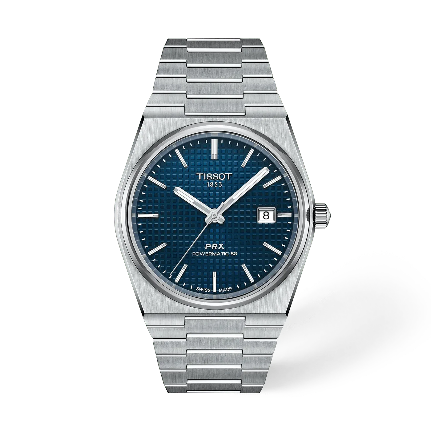 Tissot PRX Powermatic 80 steel watch with blue textured dial and integrated bracelet