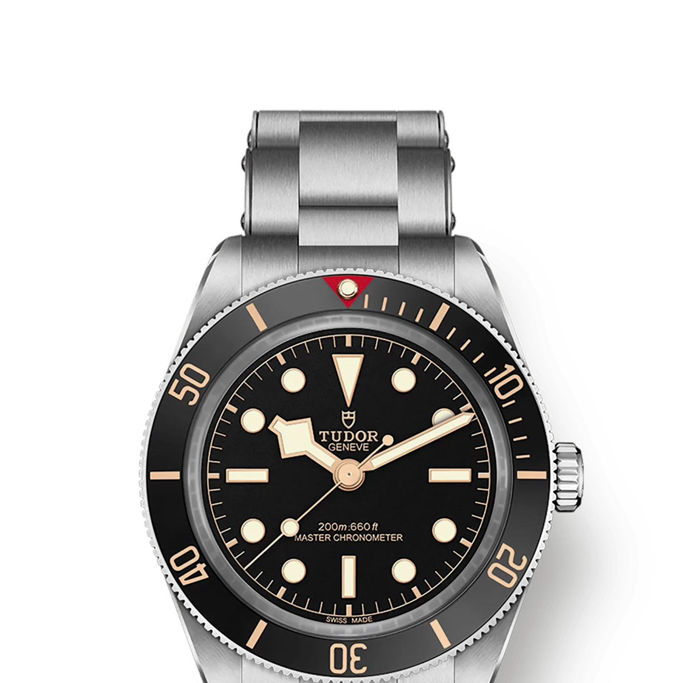 Tudor Black Bay 58 with black dial, black bezel, steel rivet-link bracelet, studio product photo